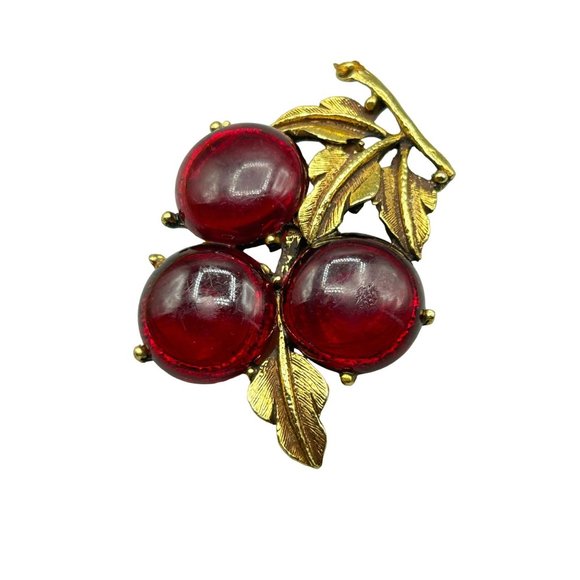 Vintage Cherry Pin Brooch Red Cherries Fruit Berries Figural Costume Jewelry - Picture 1 of 5